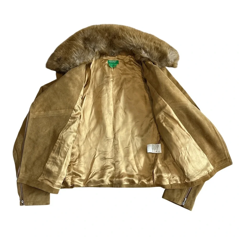 United Colors of Benetton Y2K European Suede Moto Jacket Faux Fur Collar Women38